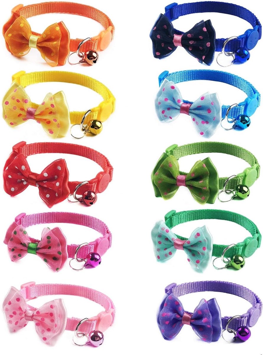 SnelShoppen - 10x Veelkleurige Snelle Loslaten Kattenhalsbanden met Strik en Bel - Anti-Knik Veiligheidshalsband voor Kat en Kleine Hond - Perfect voo