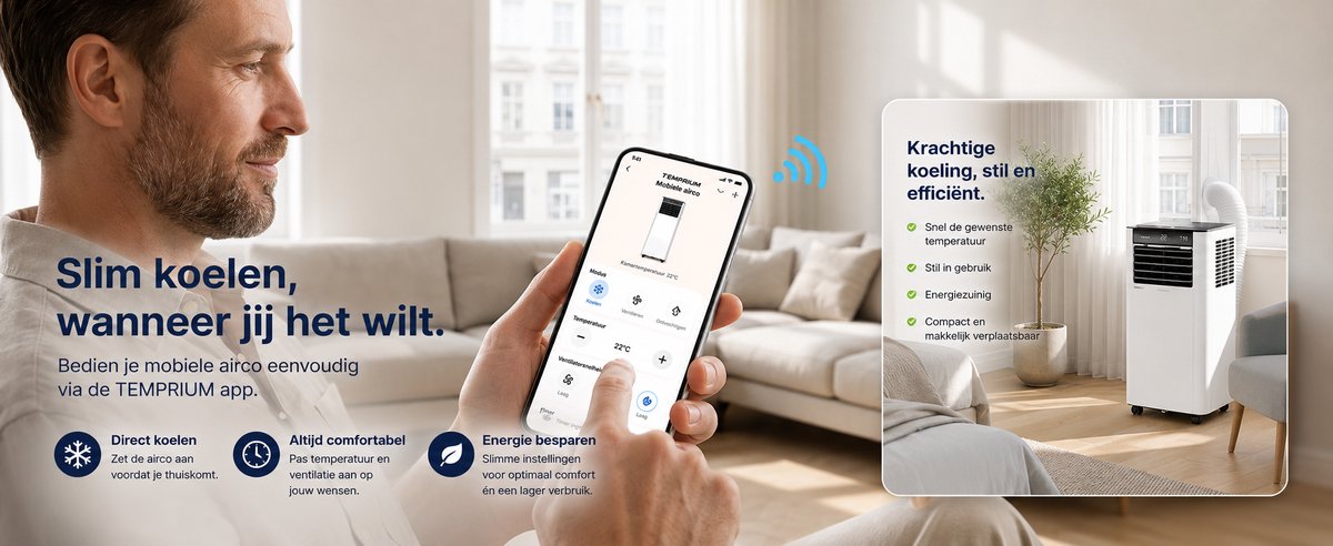 Temprium mobiele airco 7000 BTU SMART - Met afvoerslang - Draagbare Airco met App Bediening – 3 in 1 Koelen, Ventileren & Ontvochtigen – Airco Voor Slaapkamer en Woonkamer – Inclusief Raamkit — afbeelding 10