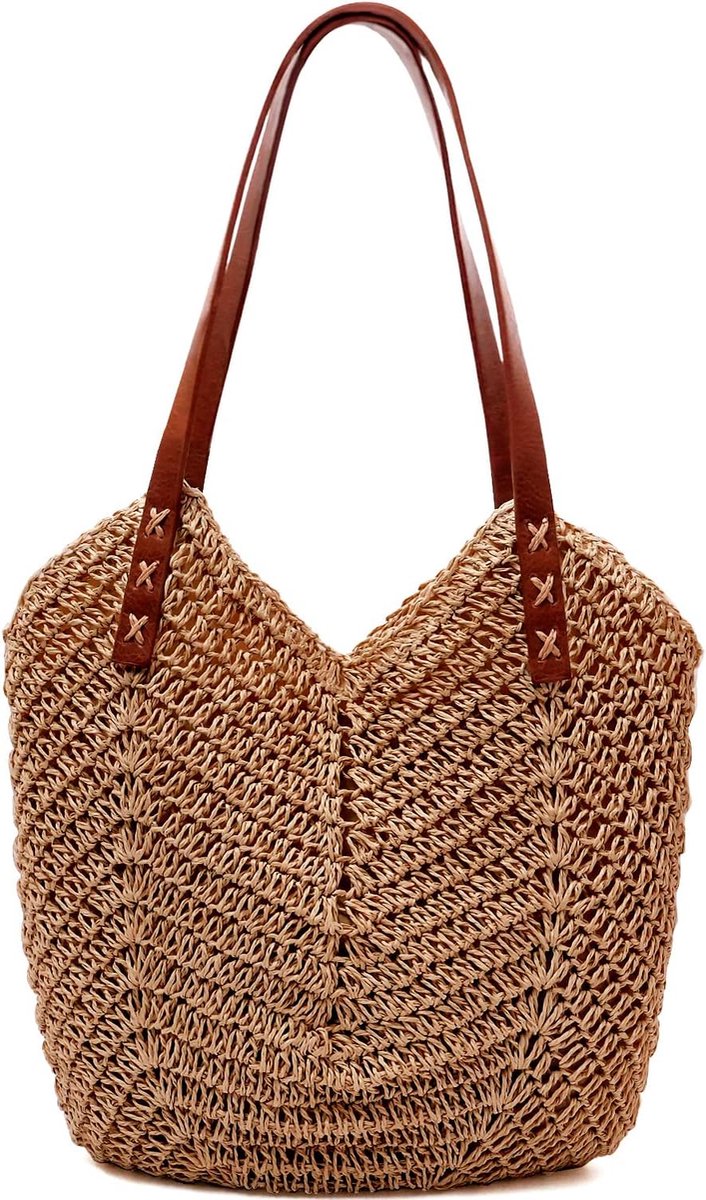 Thijox - Grote MAMUNU Stro Handtas Dames, Schoudertas met Ritssluiting, Handgeweven Strotas, Beige Strandtas voor Zomer, Vakantie, Reizen, Modieus en