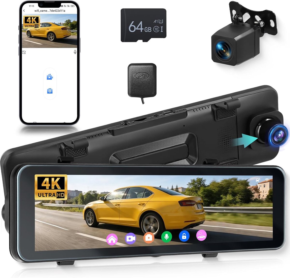 SnelShoppen - 4K + 1080P Achteruitkijkspiegel Dashcam Auto met GPS, ADAS, BSD, WLAN, 10,88 Inch Touchscreen, Achteruitrijcamera, Parkeermodus, G-senso