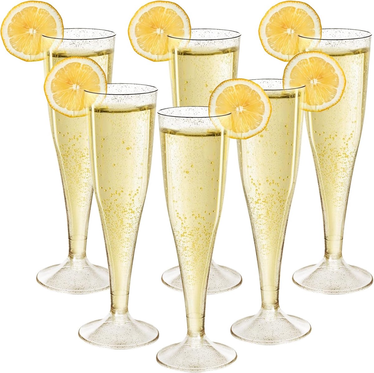 Thijox - 30 Plastic Champagneglazen met Gouden Glitters, Herbruikbare 130 ml Champagnefluiten voor Bruiloften, Tuinfeesten, Verjaardagen, Picknicks, V