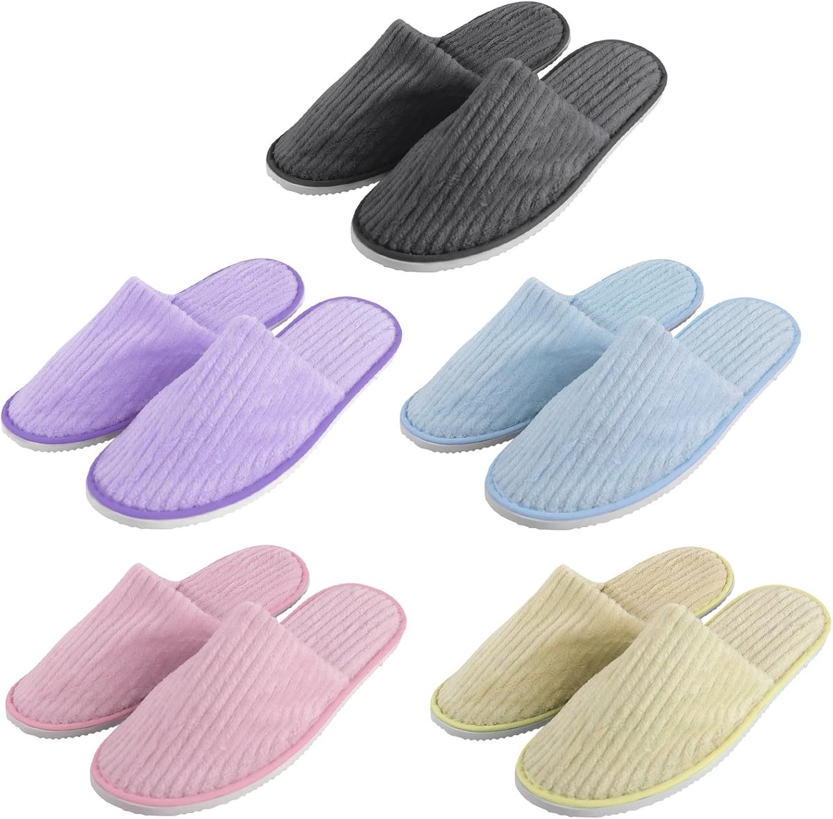 Thijox - Hotelpantoffelset 5 Paar Gastenslippers Uniseks Badstof Roze Geel Grijs Blauw Paars 28x11 cm voor Beauty-Centrum Artsen Hotels Dames Heren
