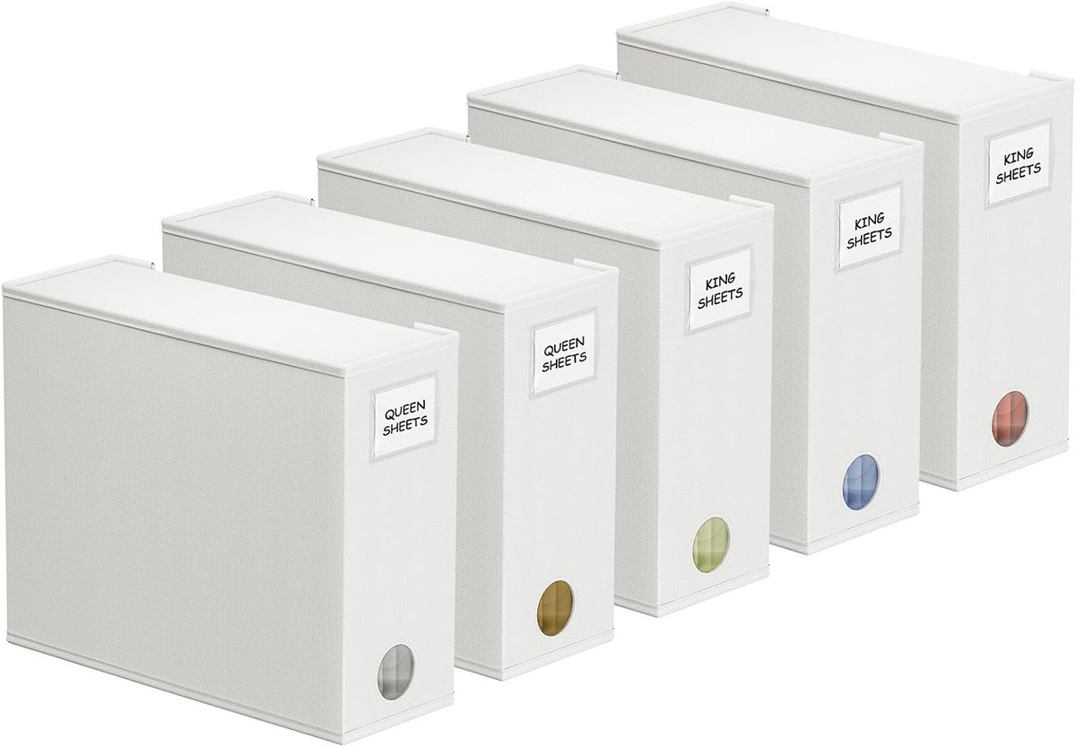 Thijox - 5-pack lakens organizers en opslag, opvouwbare laken organizer voor linnenkast, XL (Queen & King Size) beddengoed container, met raam, wit