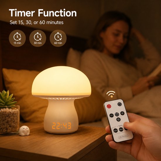 Champignonlamp met Klok - Schattige Touch Bedlamp voor Slaapkamer & Woonkamer - Draadloos Oplaadbaar Nachtlampje voor Kinderen & Volwassenen - 1 Stuk van FLITI — afbeelding 3