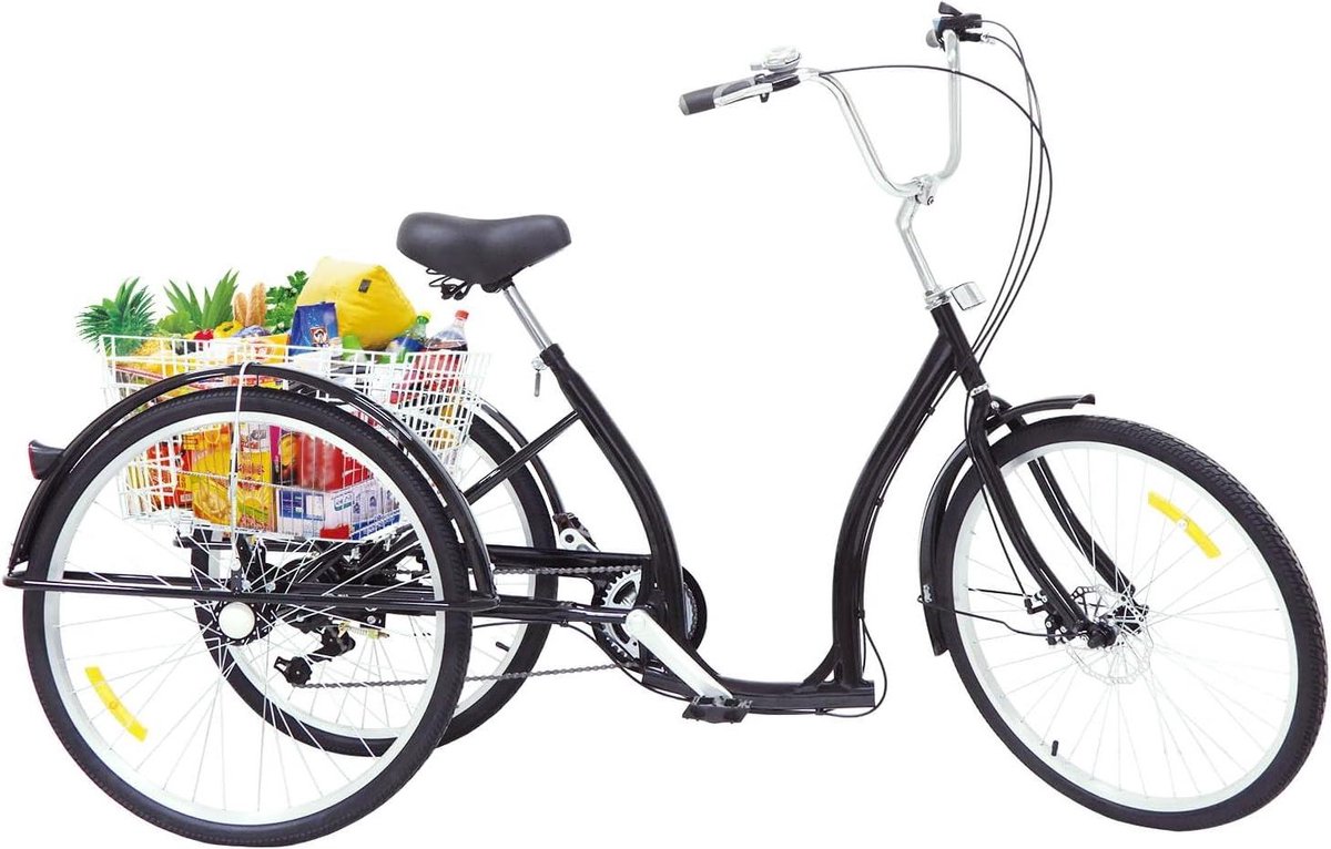 Volwassen driewieler - Driewieler met mand - Boodschappen doen - 6 versnellingen - 26 inch wielen - Zwart