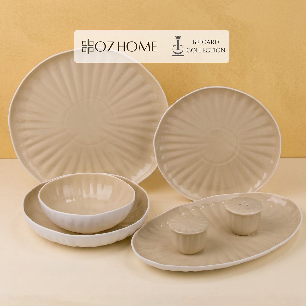 OZ Home Bricard Remy Serviesset 27-delig – Wit/Taupe – Porseleinen Servies voor 6 Personen – Bordenset met Ovale Serveerschaal & Zout- en Peperstel