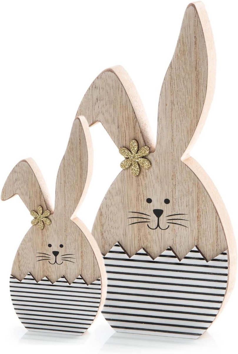 Paasdecoratie set - Houten konijnen - Huis versieren - Twee maten - 14 en 20 cm - Naturel wit gestreept