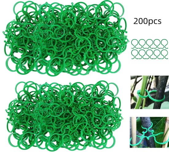 Twee stapels groene, acht-vormige plantclips. Een detailafbeelding toont hoe de clips worden gebruikt om planten te ondersteunen.