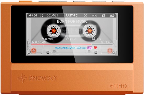 Oranje muziekspeler met een scherm dat een cassettebandje toont met de tekst "BORN FOR MUSIC".