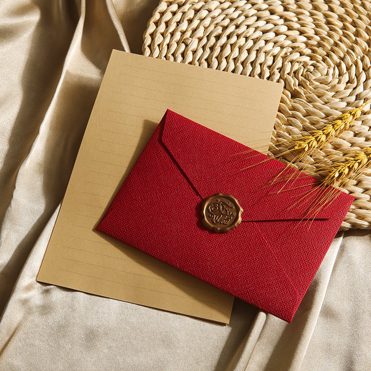Luxe 6-delige set van enveloppen en briefpapier met linnenstructuur en lakzegels – perfect voor doe-het-zelfprojecten, huwelijksuitnodigingen, bruiloften op het gemeentehuis, foto's en ansichtkaarten.-Felrood