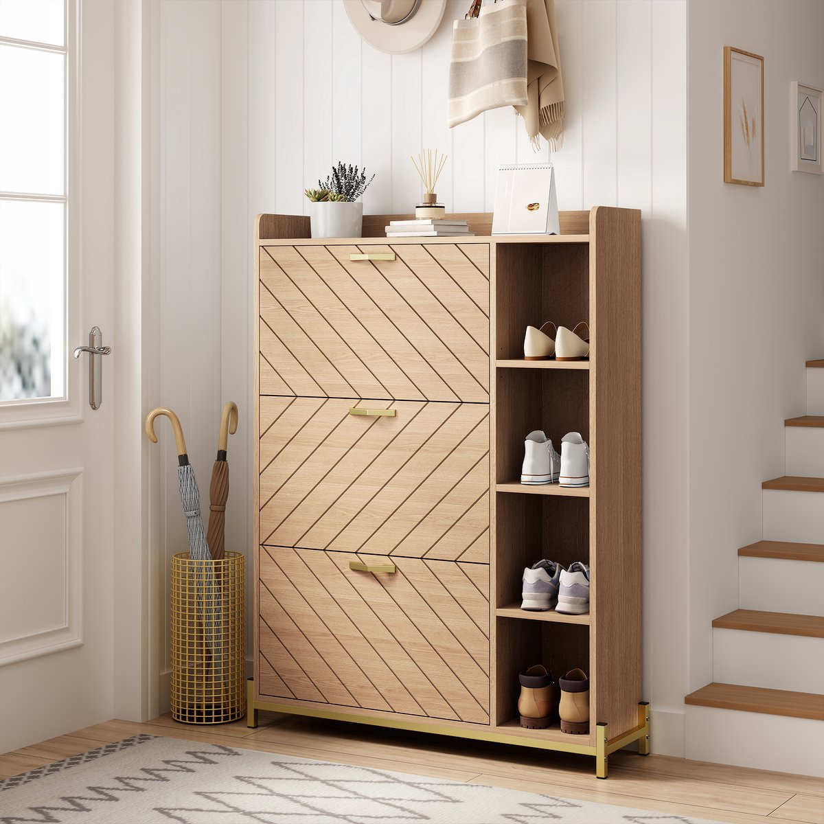 Wishdor - Schoenenkast - ultradun driedeurs ontwerp - klapdeuren en open zijvakken - Scandinavische stijl - hal en entree - houtlook - natuurlijk - 90 x 24 x 119 cm
