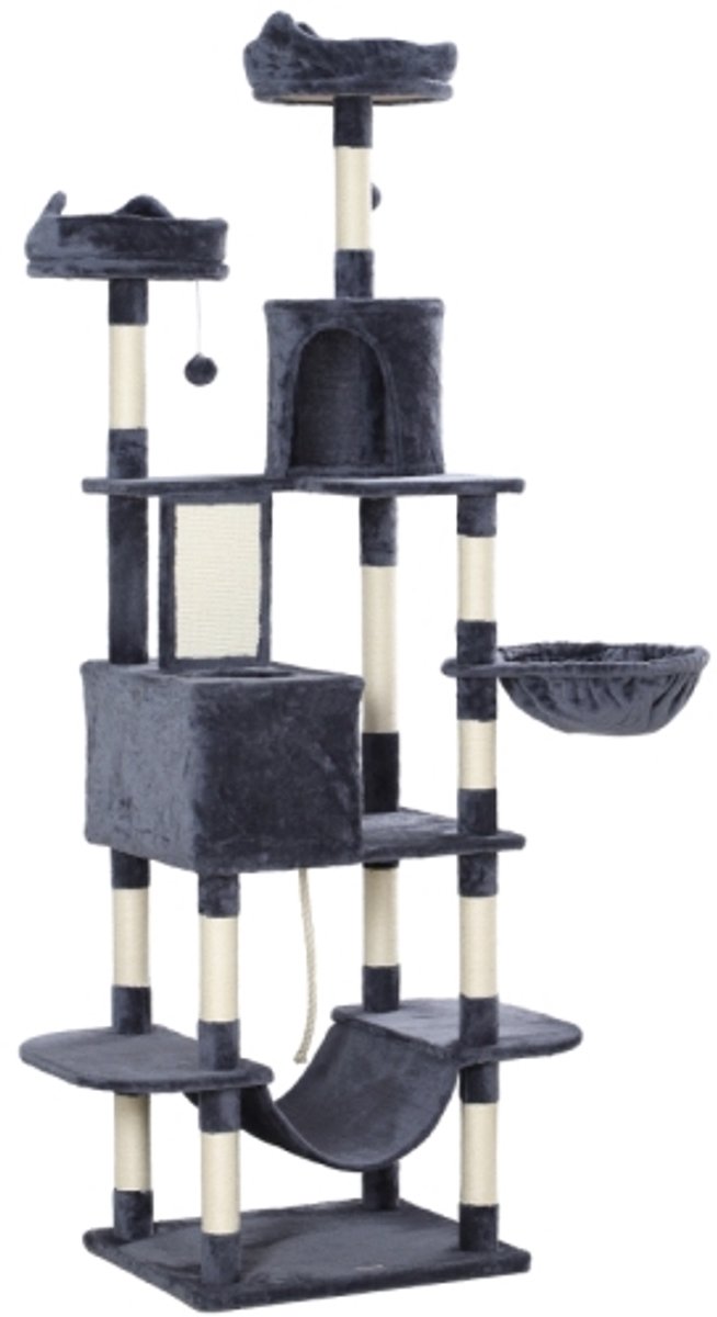Kratzbaum - Kattenmeubel Voor Grote Katten - Hoog 206cm Grijs Kattentoren Met Speelaccessoires - Kattentoren - Speelboom - Sisalkraspaal - Kratzbaum Met Hol en Speelballen