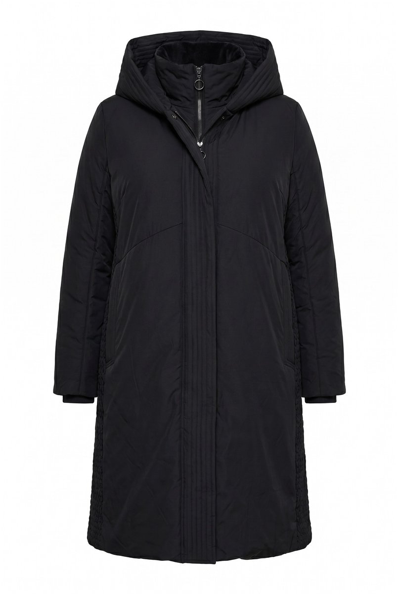Ulla Popken - Dames - Mantel donslook gesmokte inzetten waterafstotend capuchon - Zwart - Maat 54+