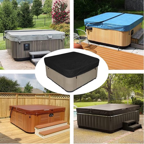 Collage van vier hot tub covers in verschillende kleuren en omgevingen: grijs, blauw, zwart en bruin.