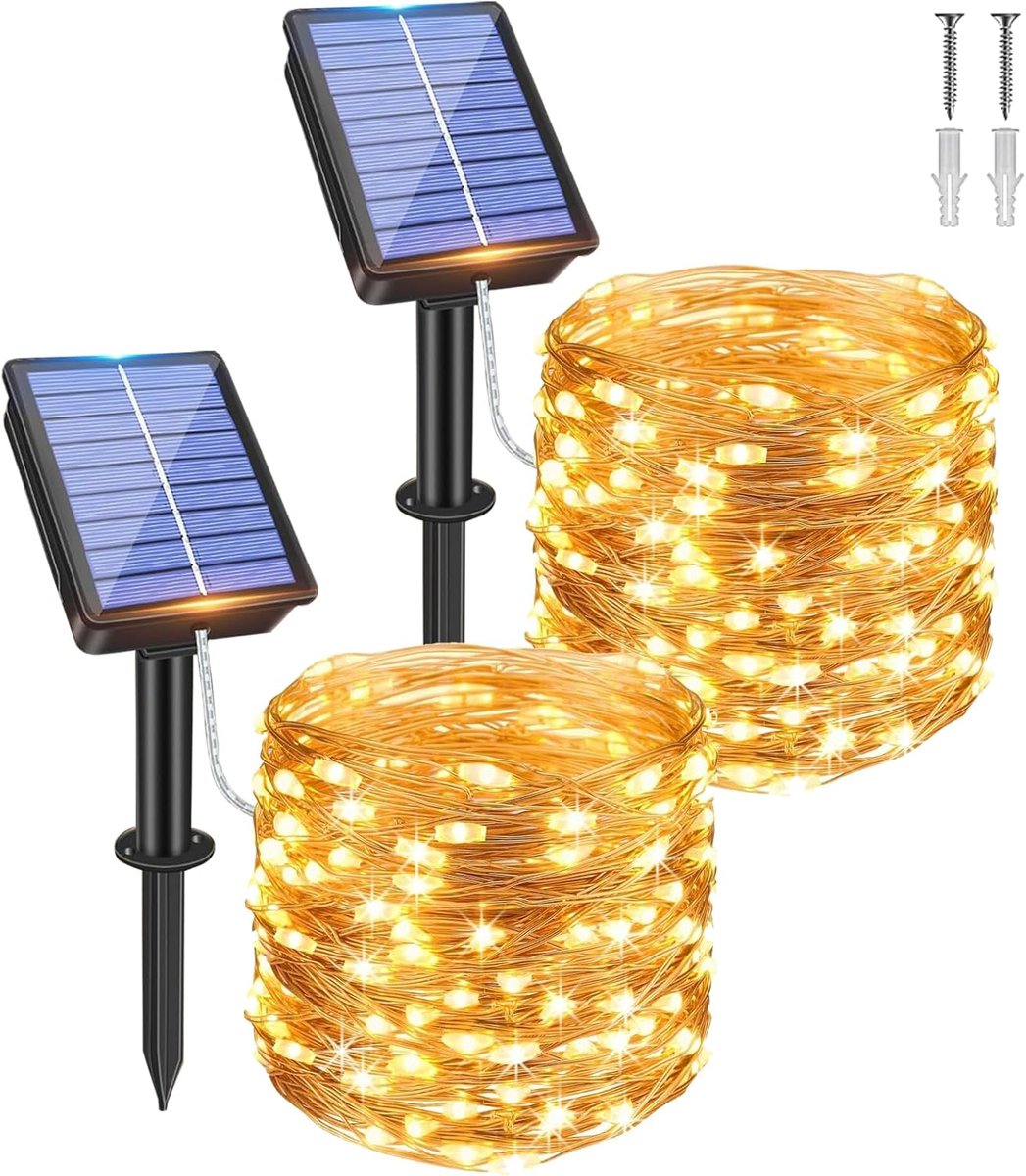 SnelShoppen - Solar Fairy Lights Set van 2 - 16 m Copper Wire - 160 LEDs - 8 Modes - Weerbestendige Tuinverlichting - Warm Wit voor Balkon, Kerstboom,