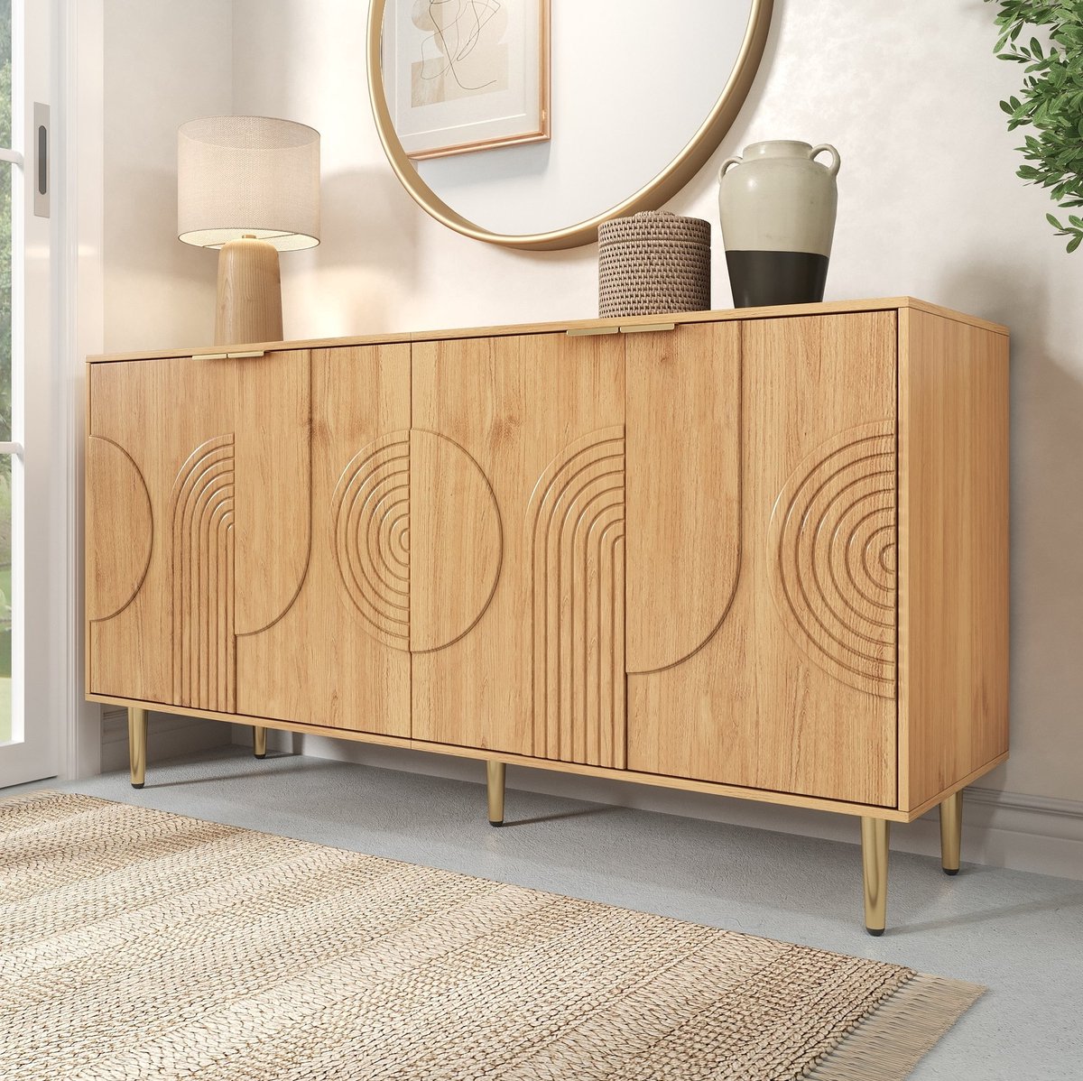 Wishdor - Dressoir - vierdeurs opbergkast met verstelbare planken - modern design - woonkamer, eetkamer of hal - houtlook en metaal - naturel - 140 x 40 x 72 cm