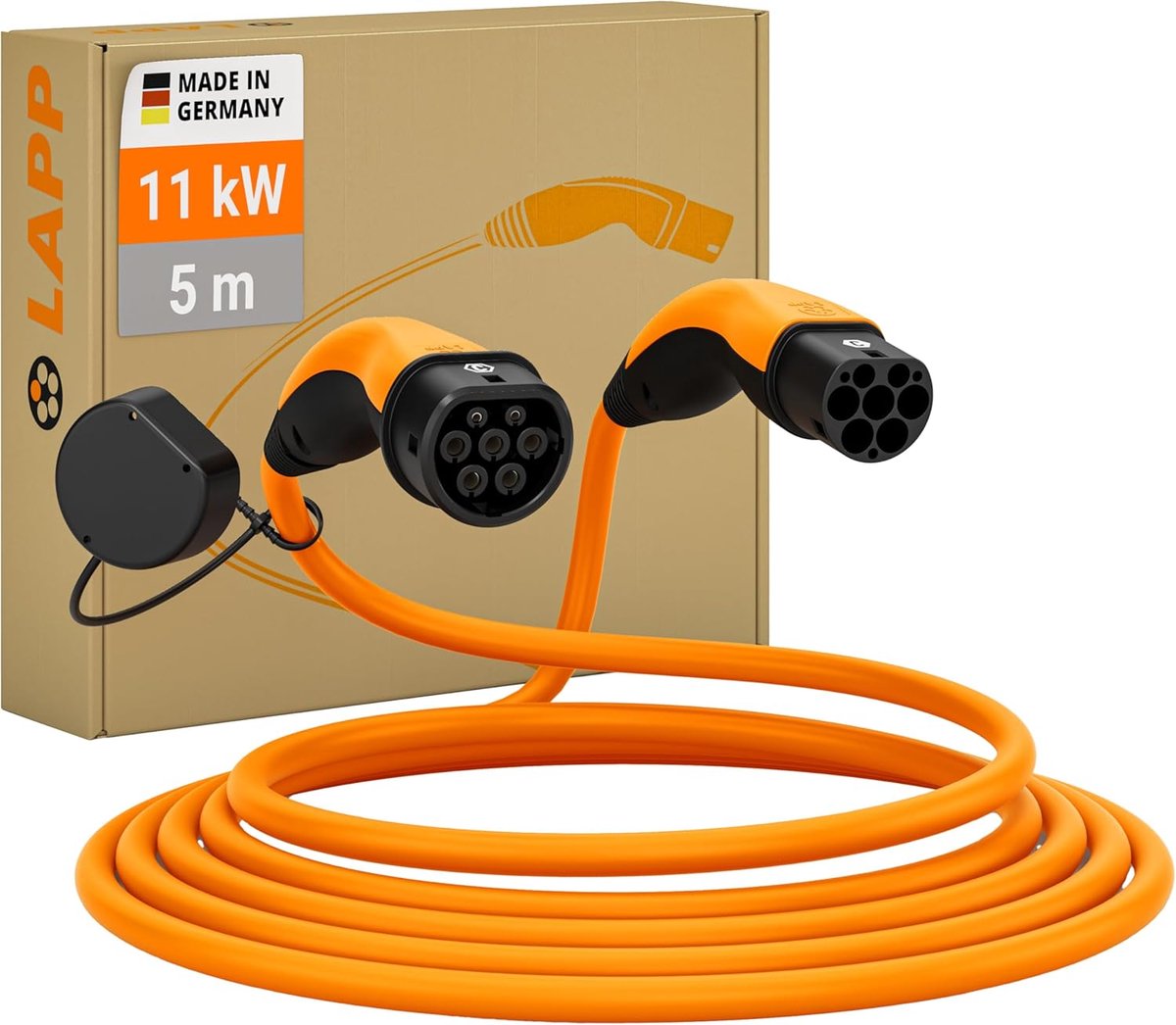 SnelShoppen - E-Car Oplaadkabel 11 kW/3-Fase/20 A/Self-Coiling/5 m/Oranje/Mode 3/Ideaal voor Thuis en Openbare Oplaadpunten
