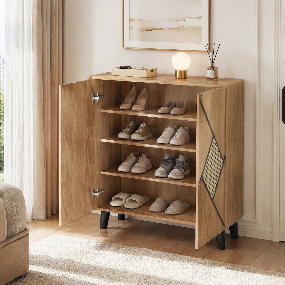 Wishdor - Schoenenkast - decoratief rattanmotief - gesloten deuren en opbergvakken - modern - voor hal en entree - houtlook - houtkleur - 80 x 32 x 91 cm