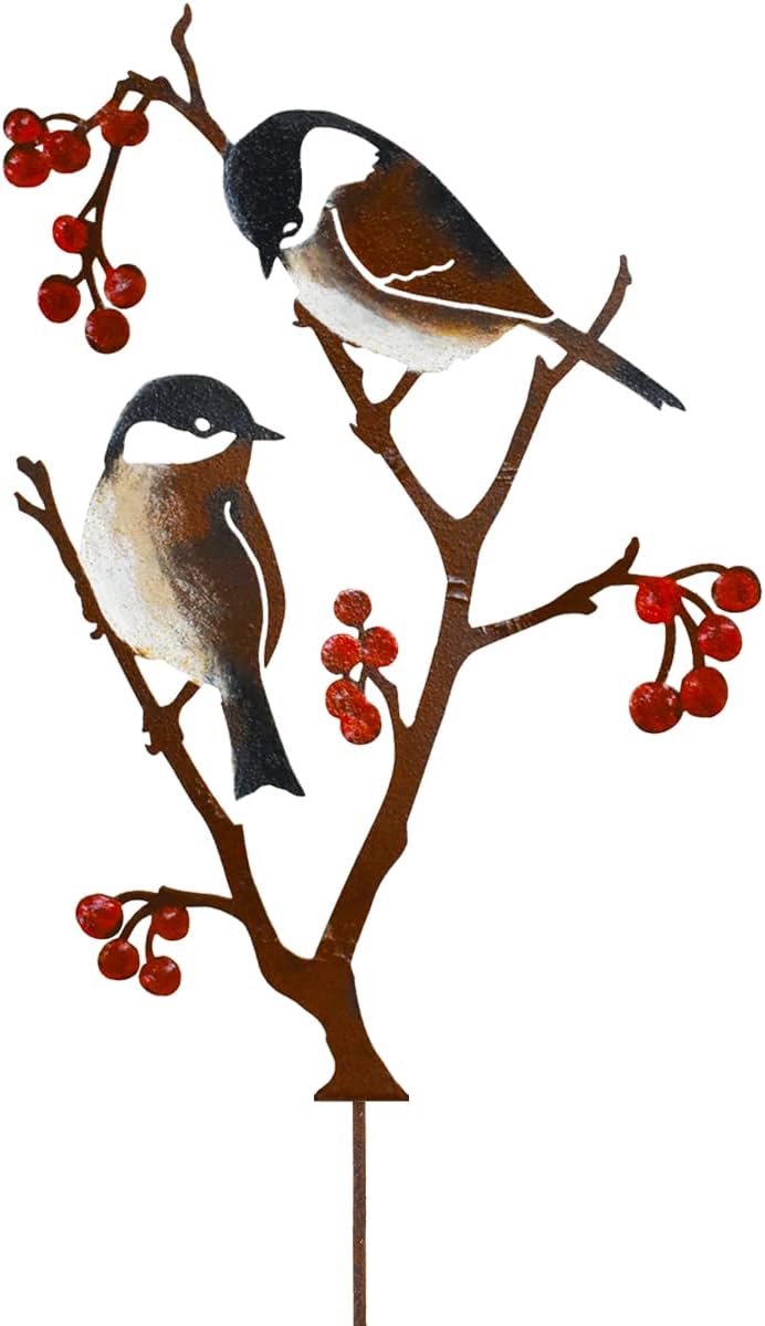 SnelShoppen - Bird Garden Stake 60 cm Hoog - Geverfd Vogel Tuindecoratie - Buiten Decoratie met Meisjes en Bessen - Tuinfiguren van Metaal