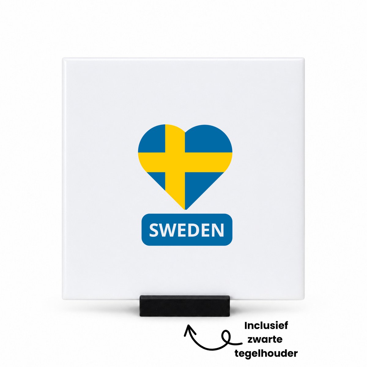 Hacebo Sweden vlag hartje tegeltje met tegelhouder - Zweden - reizigers - tegeltjes met tekst - toerist - verjaardagscadeau - souvenir - vakantie - spreuktegels - 10.8x10.8 CM Wit