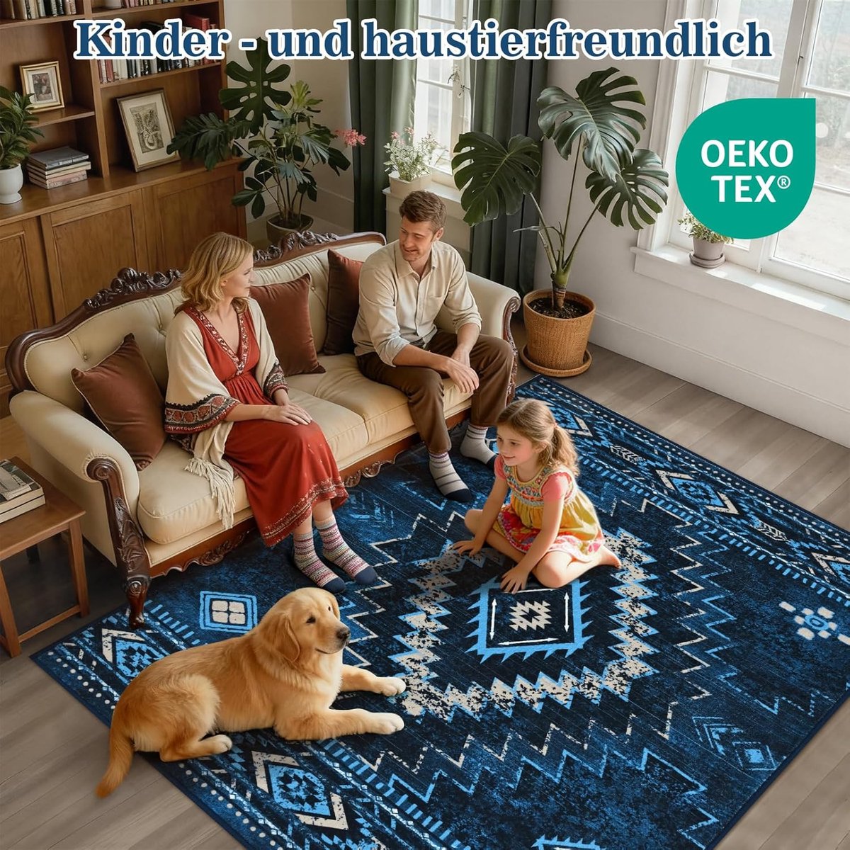 SnelShoppen - Vintage Geometrische Tapijt voor Woonkamer - Korte Pool - Antislip en Wasbaar - Keuken Loper - Blauw 160 x 230 cm - Perfect voor Slaapka
