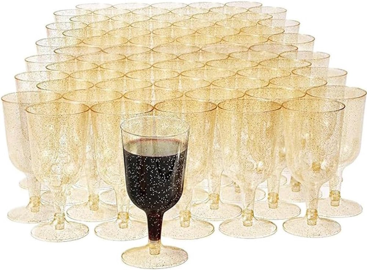 SnelShoppen - 50 Premium Plastic Wijn Glazen - Gouden Glitter - 190ml Herbruikbare Cocktail Glazen - Ideaal voor Feesten, Bruiloften, Verjaardagen
