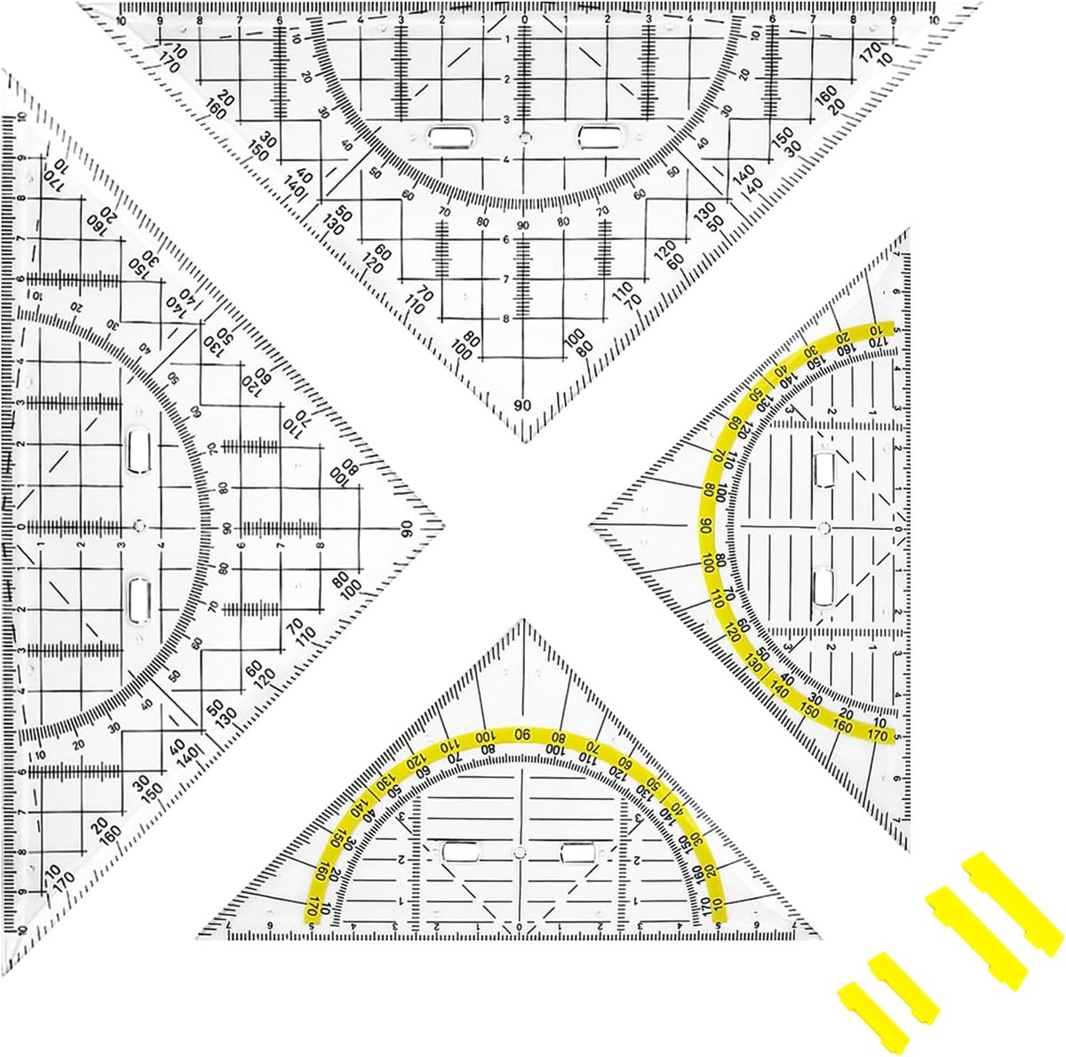 SnelShoppen - 4 Stuks Geo Triangle Set met Handvat, Flexibel Transparant, Grote 22 cm & Kleine 16 cm, Perfect voor Studenten, Kantoor, Ontwerp, Schild