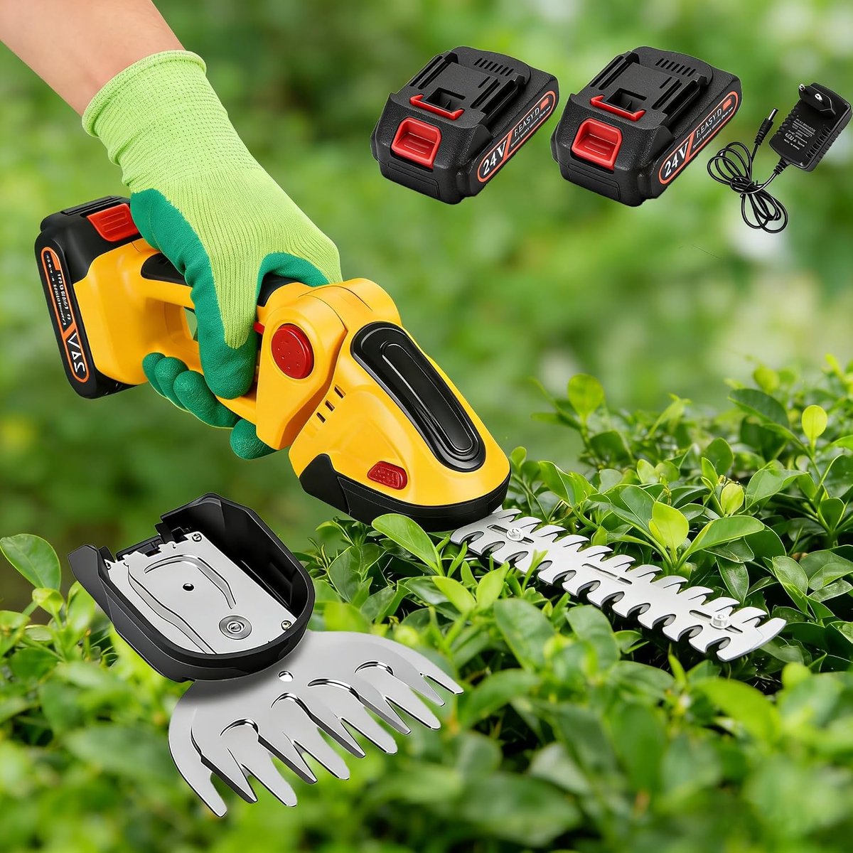 SnelShoppen - Draadloze Heggenschaar en Grastrimmer 24V 2-in-1 met 2x1.5Ah Lithium Ion Batterijen, 90° Verstelbare Hoofd voor Tuin Onderhoud