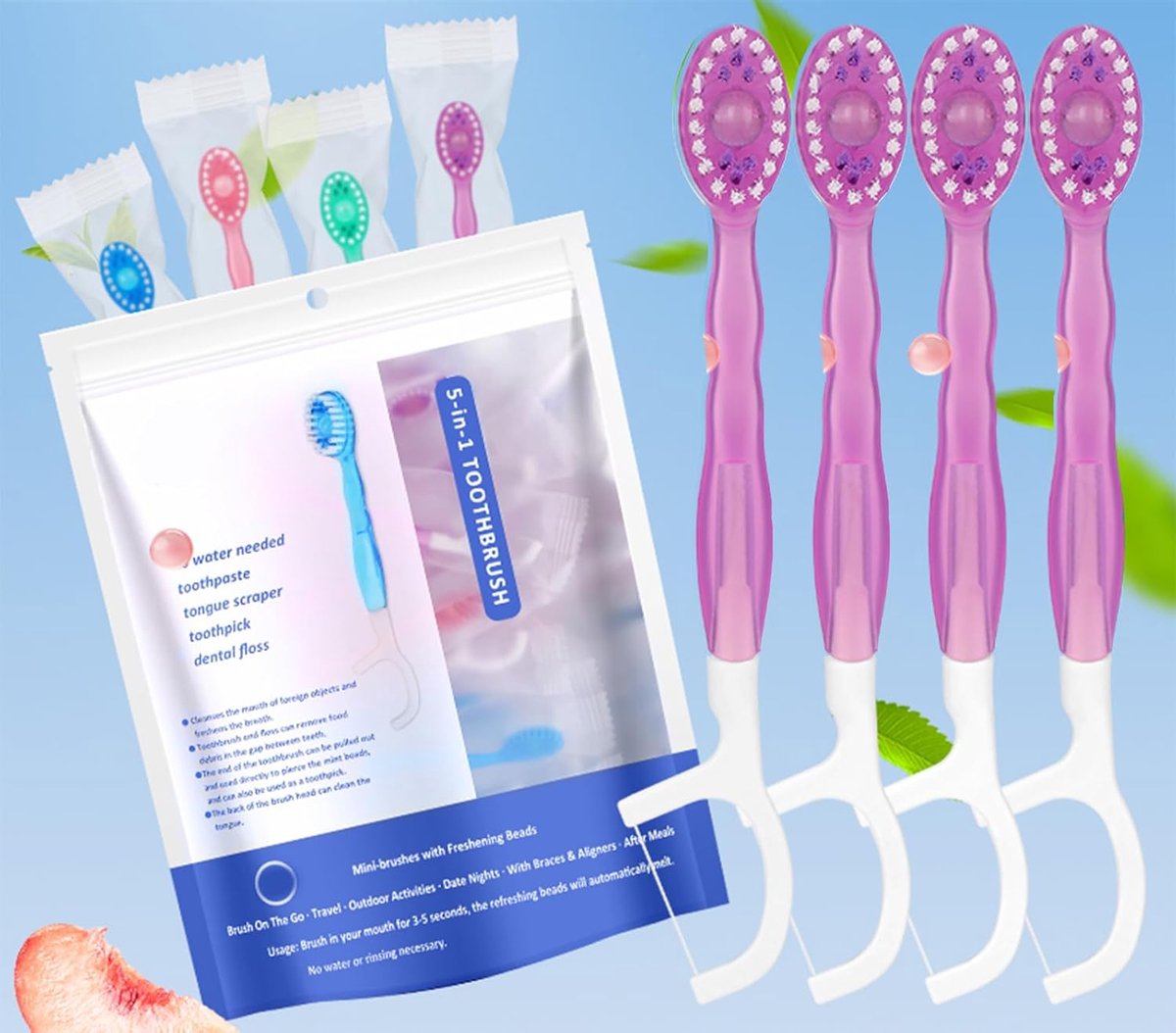 SnelShoppen - 10 Pack Mini Tandenborstel met Tandpasta, Wegwerp Mini Tandenborstel met Flos, Tongschraper, Frisse Adem en Tandenstoker in Kersbloesem