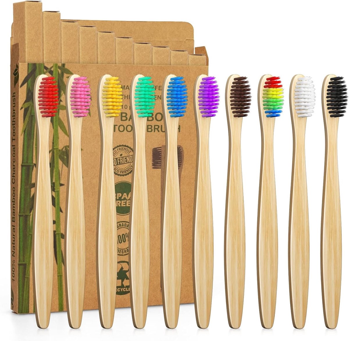 SnelShoppen - 10 Kleurige Soft Bristles Natuurlijke Bamboe Tandenborstels Set, Premium BPA Vrij, Eco-Vriendelijk, Plastic Vrij, Vegan, Biologisch Afbr