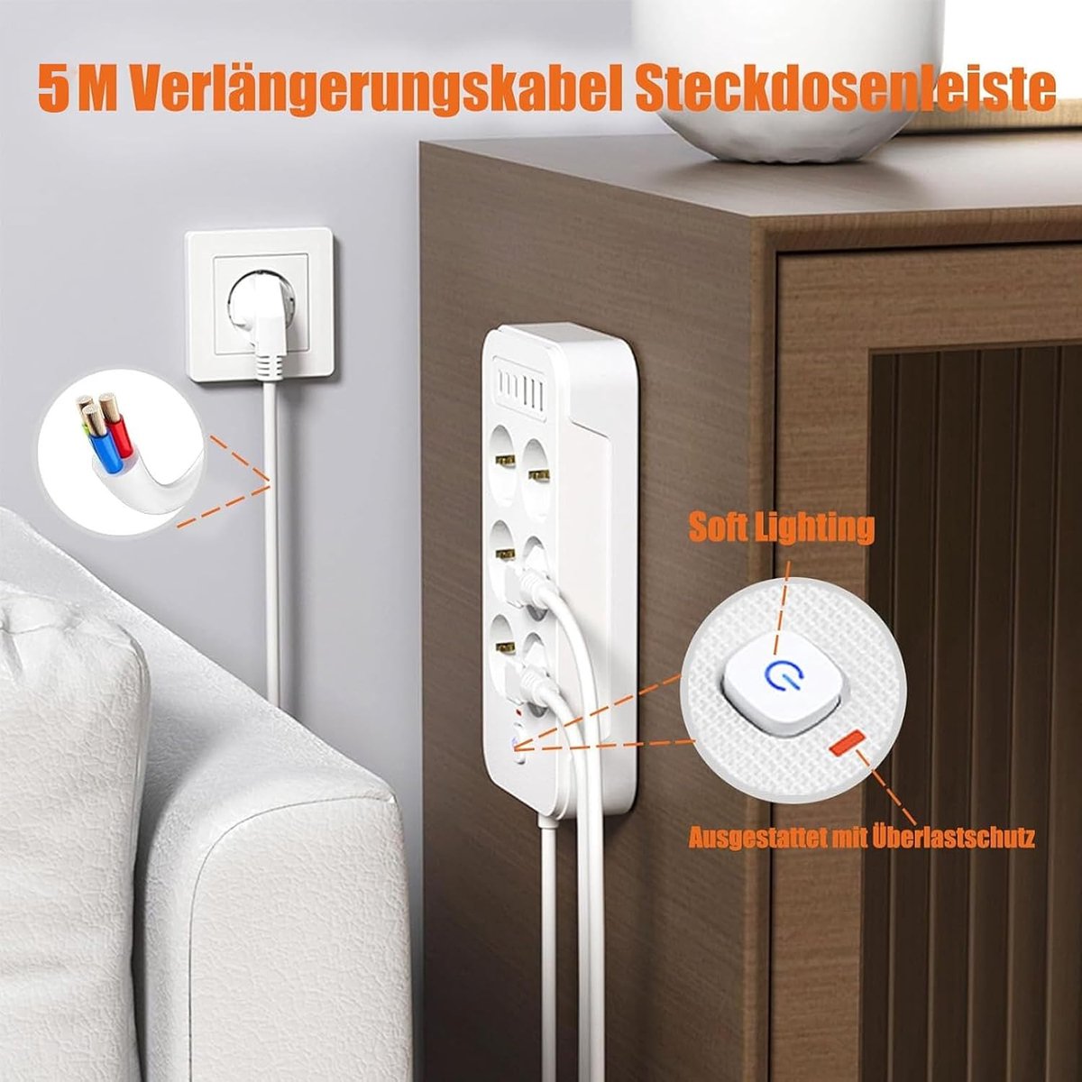 SnelShoppen - 6-Weg Power Strip met Schakelaar, 5m Verlengsnoer, 3 USB & 3 Type-C Poorten, 3840W/16A, Stekkerdoos met Overspanningsbeveiliging voor Th