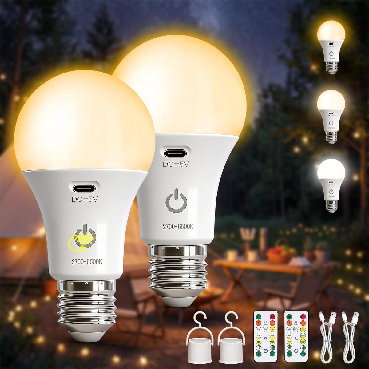 SnelShoppen - Kambo E27 LED Lamp Oplaadbaar met Accu en Afstandsbediening, 7W met Timer, 3 Kleurtemperaturen voor Wild Camping, Activiteiten, Verpakki