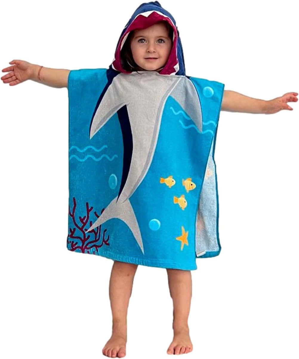 SnelShoppen - Kinderen Poncho, Bad Poncho met Kap, Badhanddoek, Hooded Badhanddoek voor Jongens en Meisjes, 100% Katoen (Haai)