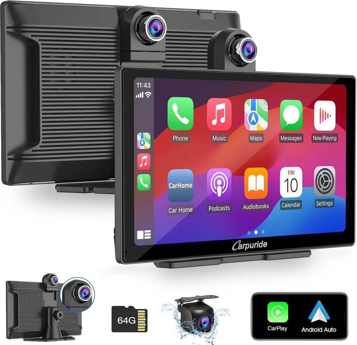 SnelShoppen - Draagbaar 9 Inch HD Touchscreen Auto Scherm met Dashcam, Draadloze Carplay & Android Auto, 4K Camera, Bluetooth, GPS, FM, 64G TF Card