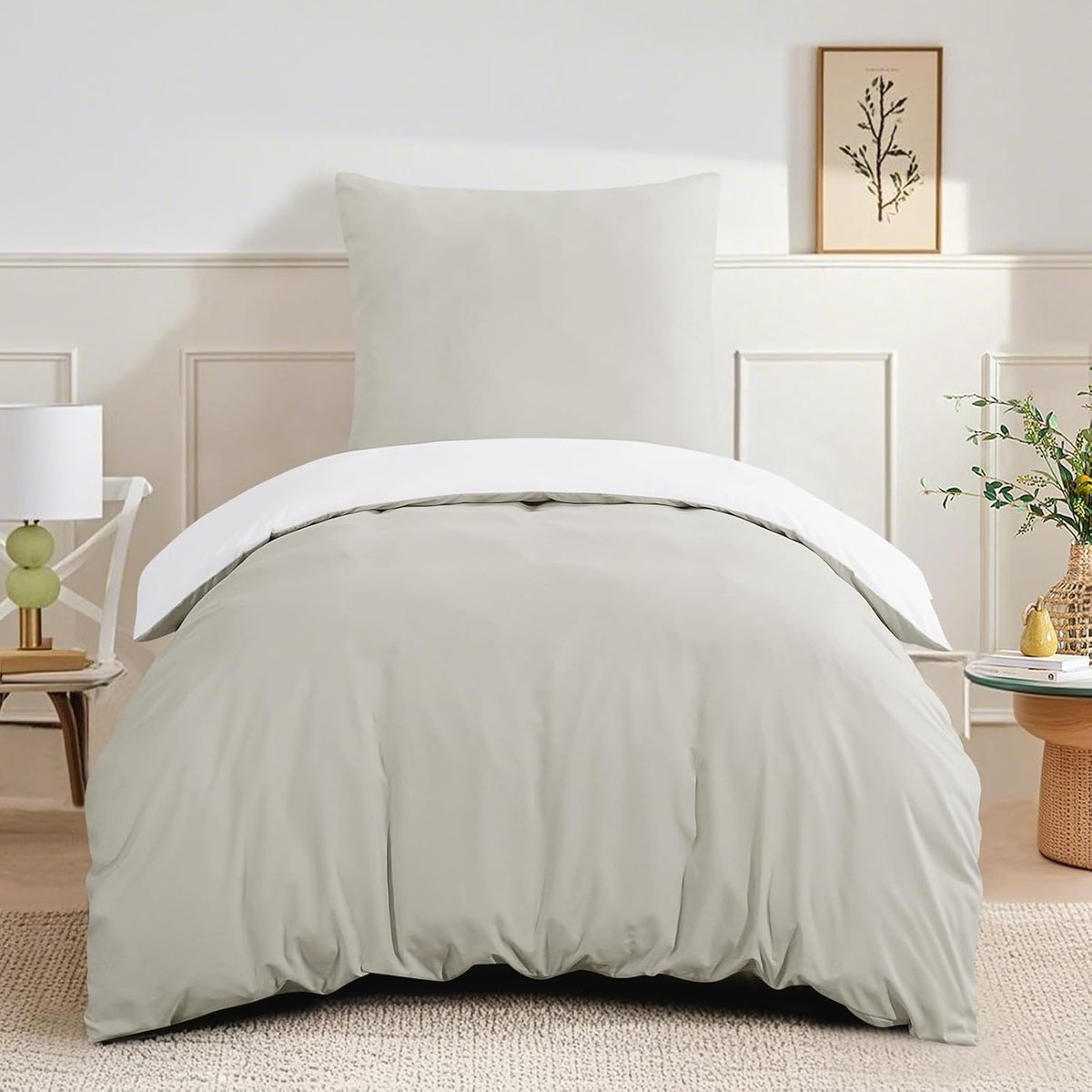 SnelShoppen - Luxe RUIKASI Bedlinnen Set 155 x 220 cm Beige/Wit - 2-delig Omkeerbaar Dekbedovertrek met Rits, Oeko-Tex Microvezel, Zacht en Kreukvrij