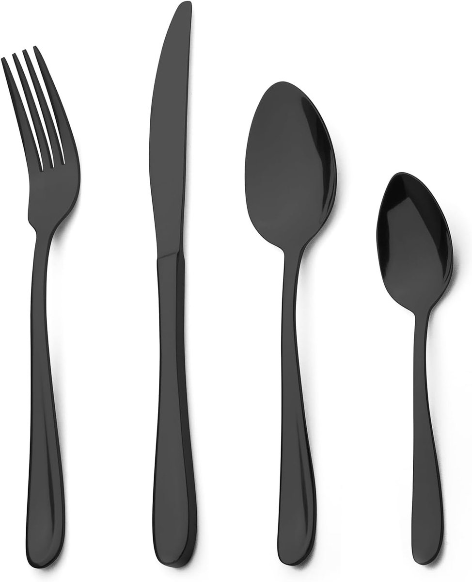 SnelShoppen - 24-delig Bestekset voor 6 Personen, Hoogglans RVS, Zwart, Vaatwasmachinebestendig, Compleet Servies voor Feest, Keuken en Tuin