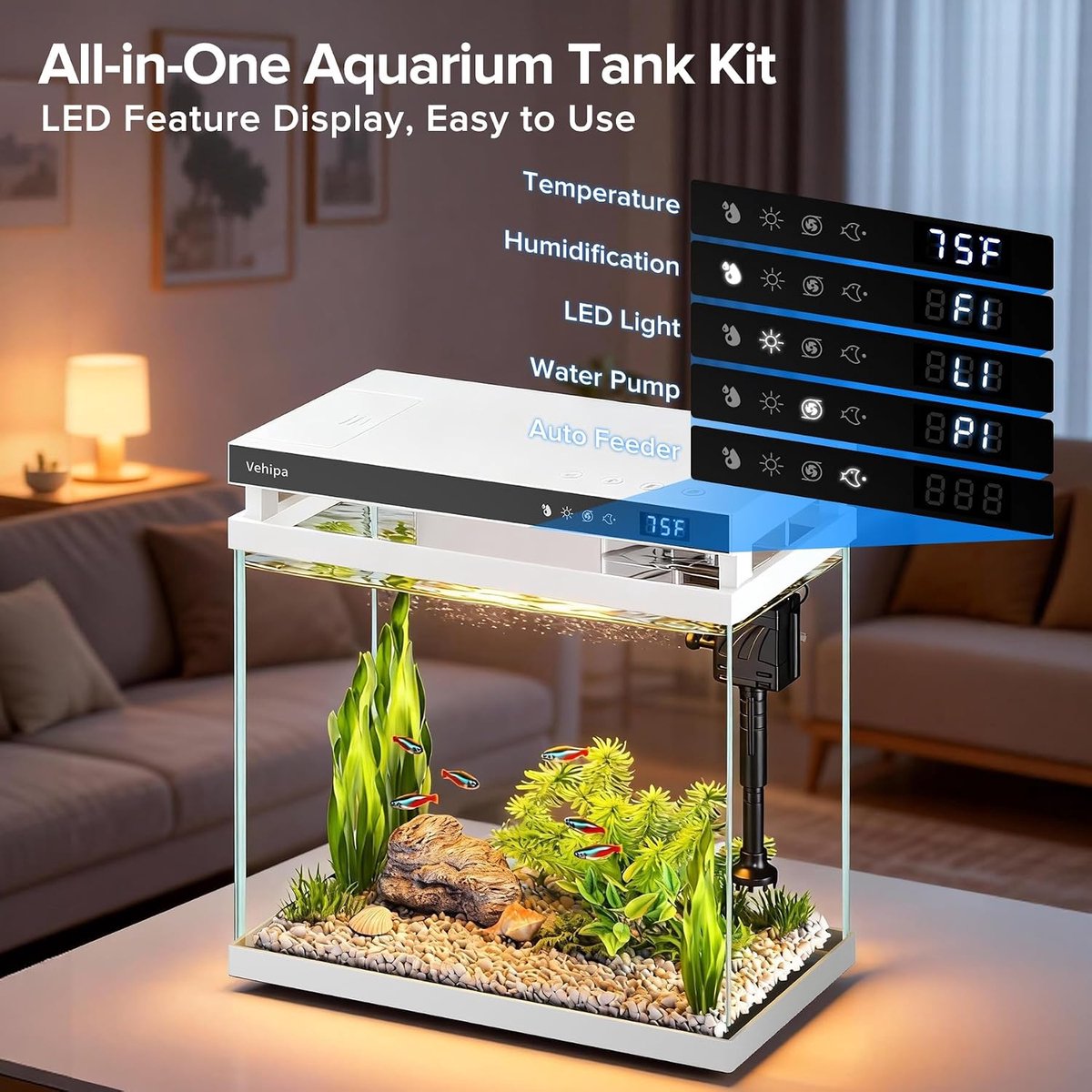 SnelShoppen - 8L Aquarium Set Wit - Complete Starterset met 7-Kleuren LED, Automatische Voerdispenser, Slimme Luchtbevochtiger, Temperatuurweergave en thumbnail 5