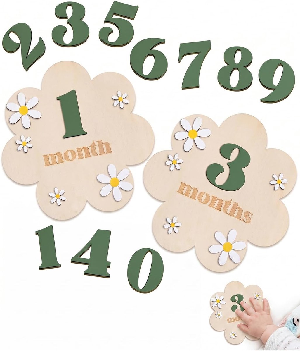 SnelShoppen - Set van 12 Houten Mijlpaalkaarten voor Baby's, 1-12 Maanden, Duurzaam & Origineel Cadeau voor Babyshower, Foto's van Pasgeborenen & Heri