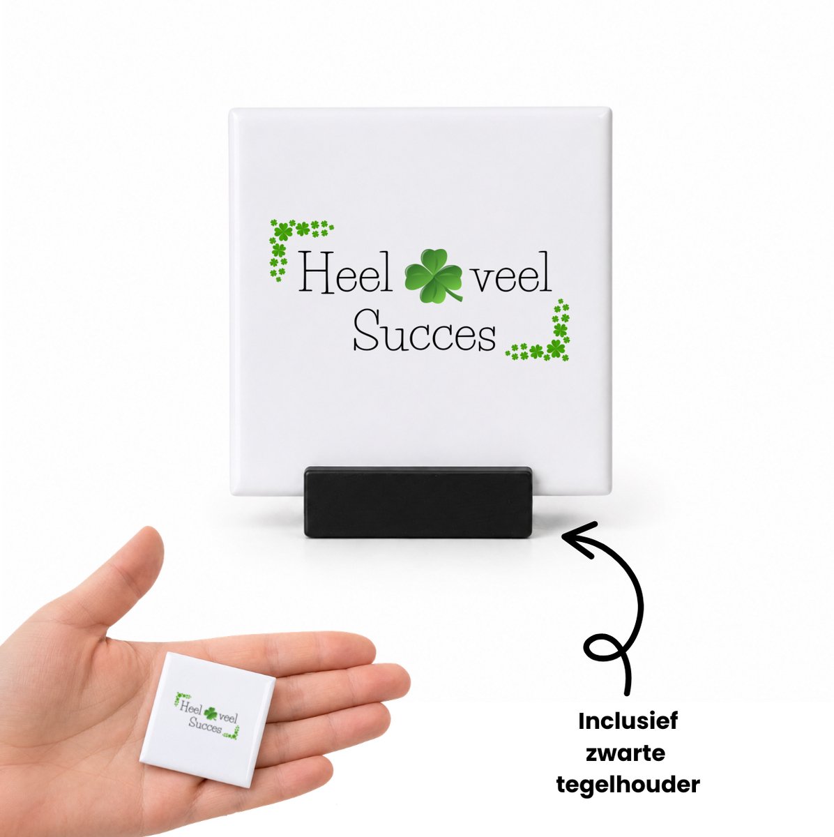 Hacebo Heel veel succes tegeltje met tegelhouder - Collega - werknemers - tegeltjes met tekst - Bedankje - Cadeautje voor collega - kado - afscheids cadeau - spreuktegels - 4.8x4.8 CM Wit