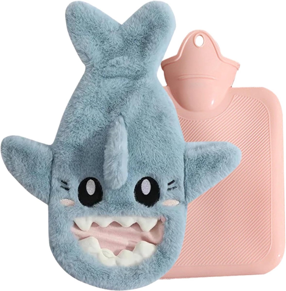 SnelShoppen - Schattige Hittefles met Pluche Haai Cover, 1L Warmwaterkruik voor Kinderen, Dierlijke Handschoenen, Rubberen Hittefles voor Volwassenen