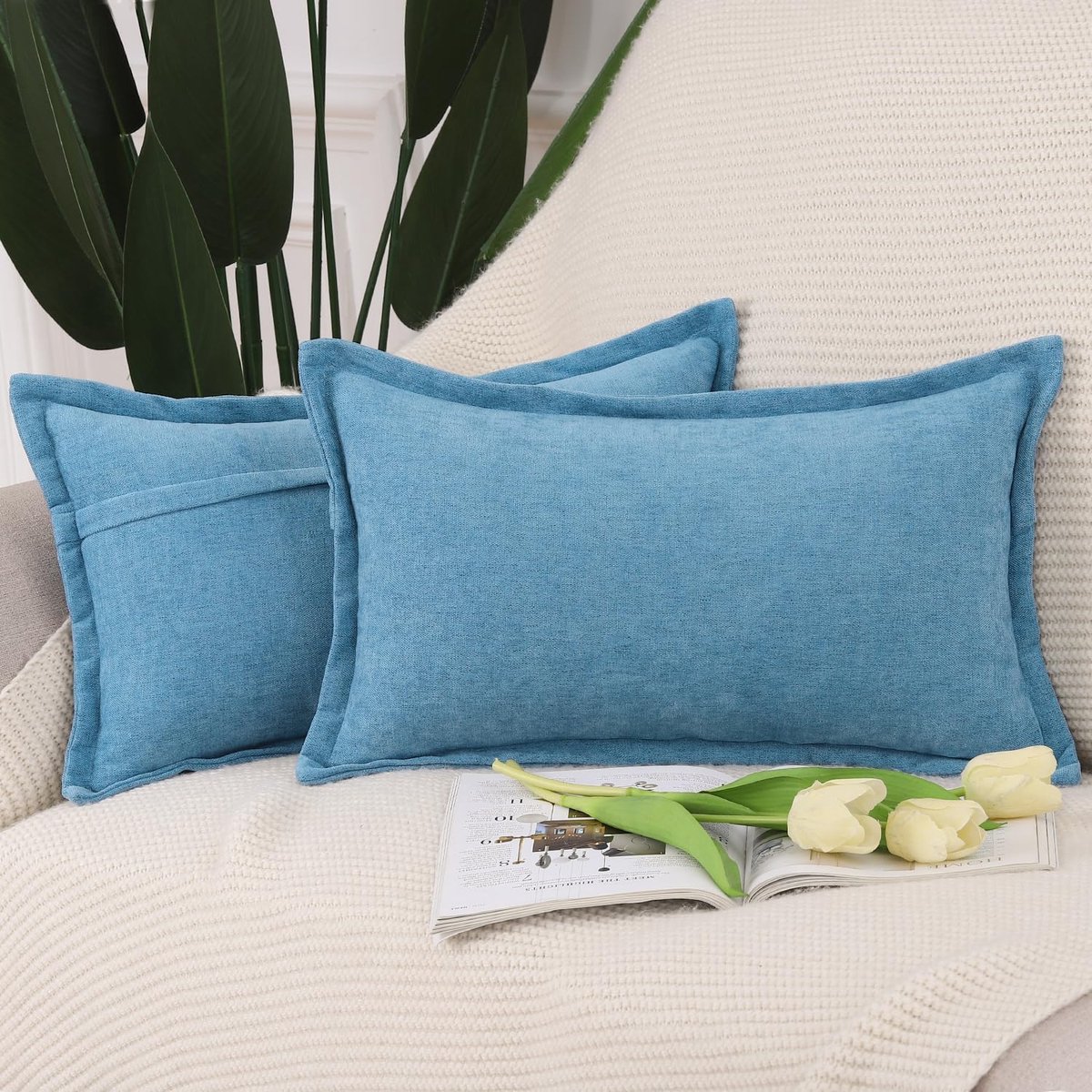 SnelShoppen - Set van 2 Zachte Korte Chenille Fringe Kussenhoezen 40x60cm Decoratieve Kussensloop voor Bank en Slaapkamer in Blauw - Duurzaam en Stijl