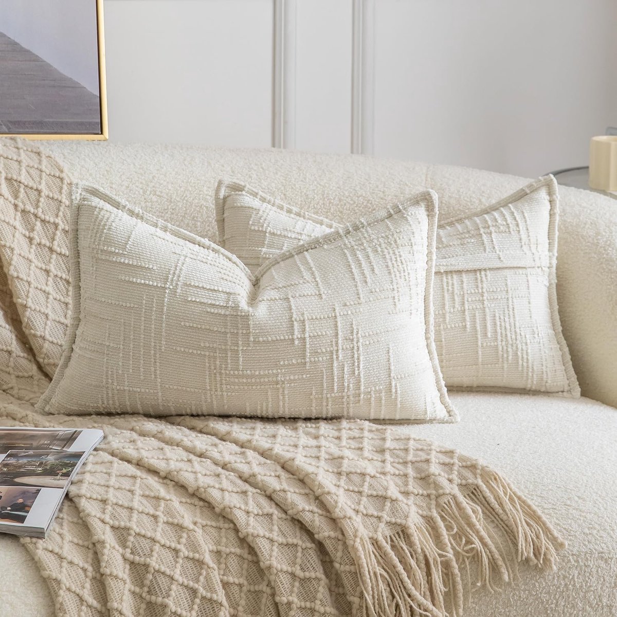 SnelShoppen - Set van 2 Chenille Kussenhoezen 40x60cm - Zachte Neutrale Decoratieve Kussens voor Sofa en Slaapkamer - Boho Accent Kussenhoezen in Crèm