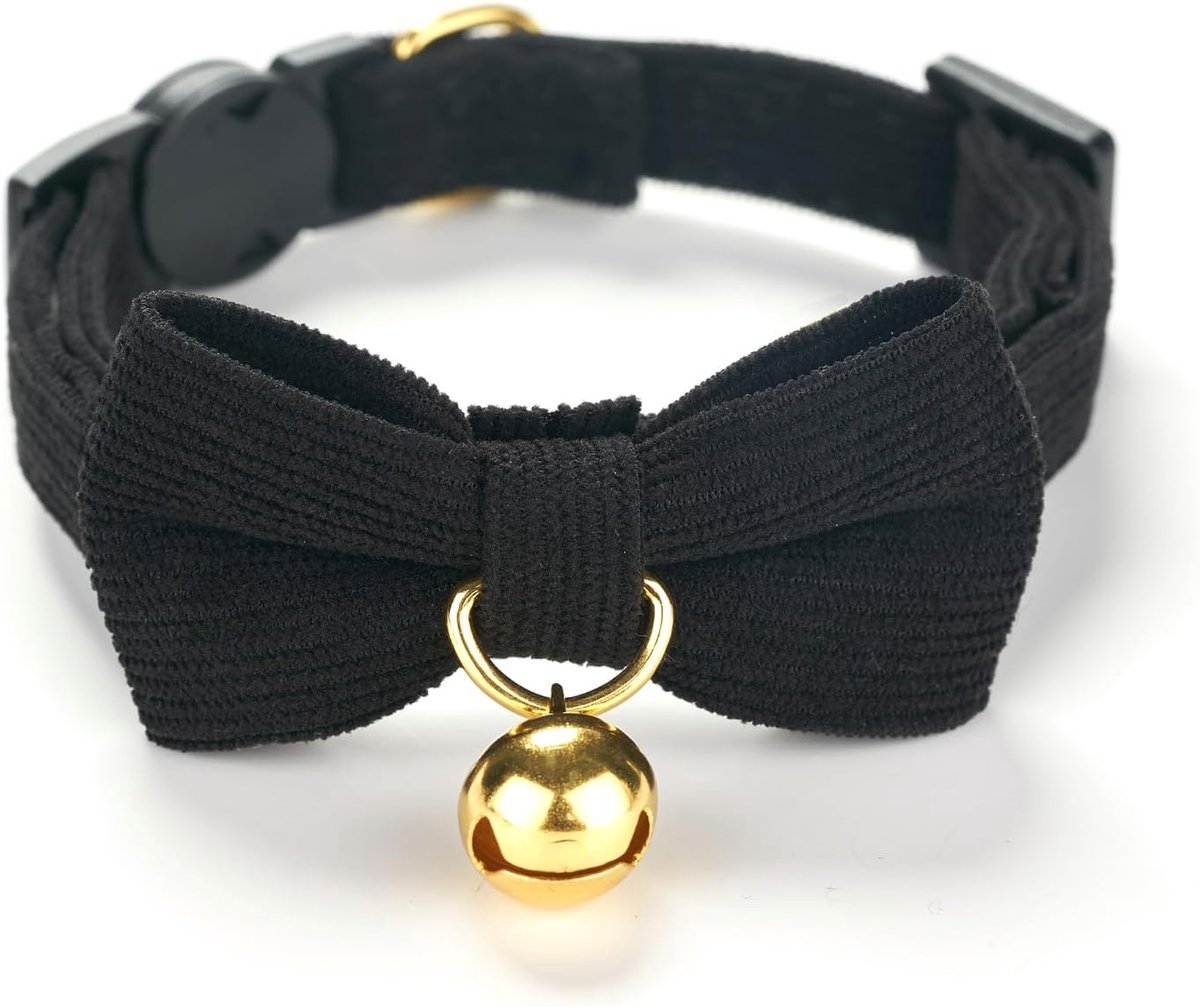 SnelShoppen - Ultra-Zachte Katoenen Kattenhalsband voor Gevoelige Huid, Lichtgewicht met Snelsluiting en Verwijderbare Strik, Zwart, 1-Pack