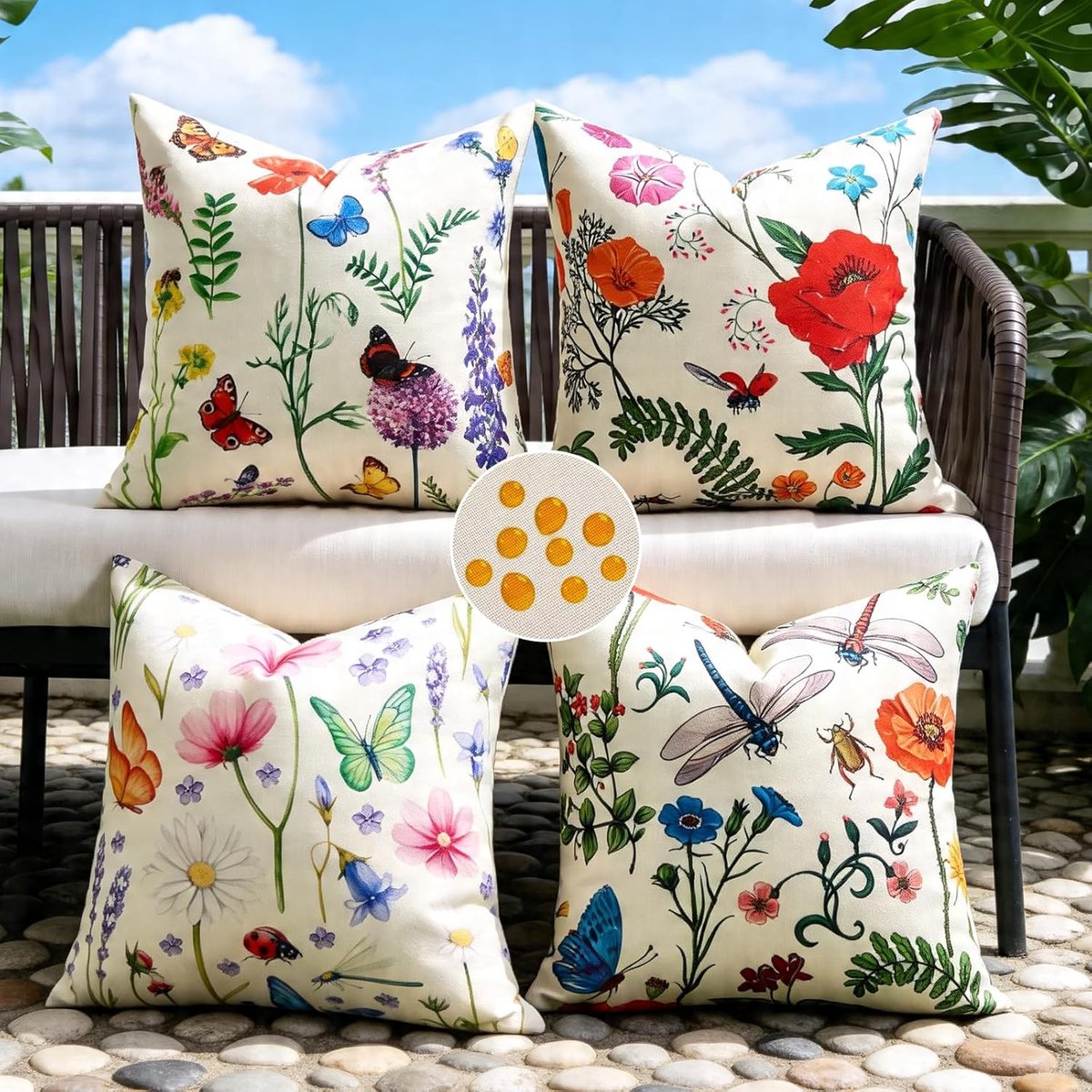 SnelShoppen - Set van 4 Kussenhoezen 40 x 40 cm, Weerbestendig, Buiten, Sofa Kussens, Kleurrijke Bloemen en Bladeren, Landhuisstijl, Decoratieve Kusse