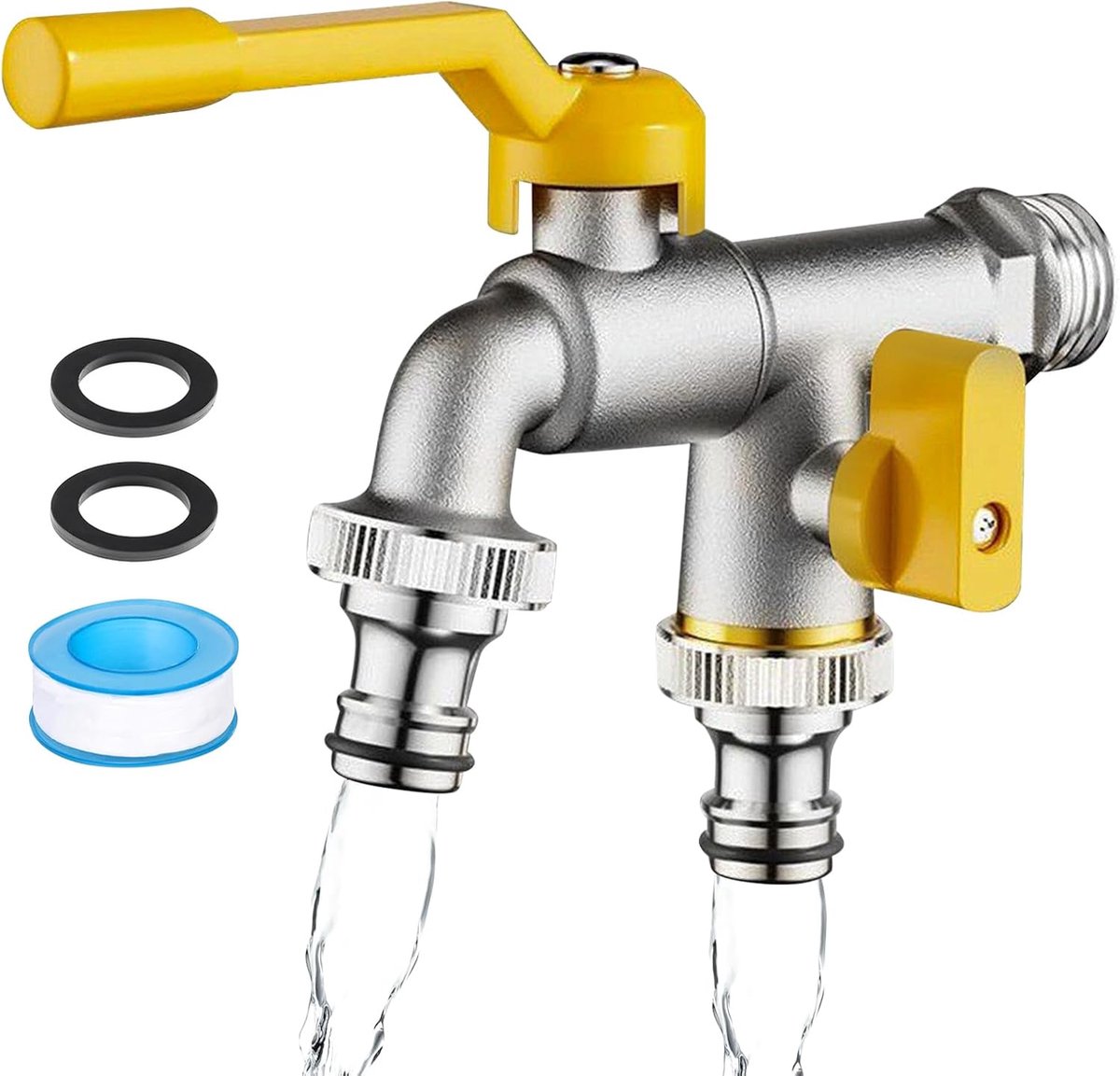 SnelShoppen - Dubbele Tuinkraan 1/2 inch Messing met Vorstbescherming, Aluminium Handgreep, 2 x 3/4 inch Uitgangen, Waterkraan voor Tuin en Wasmachine