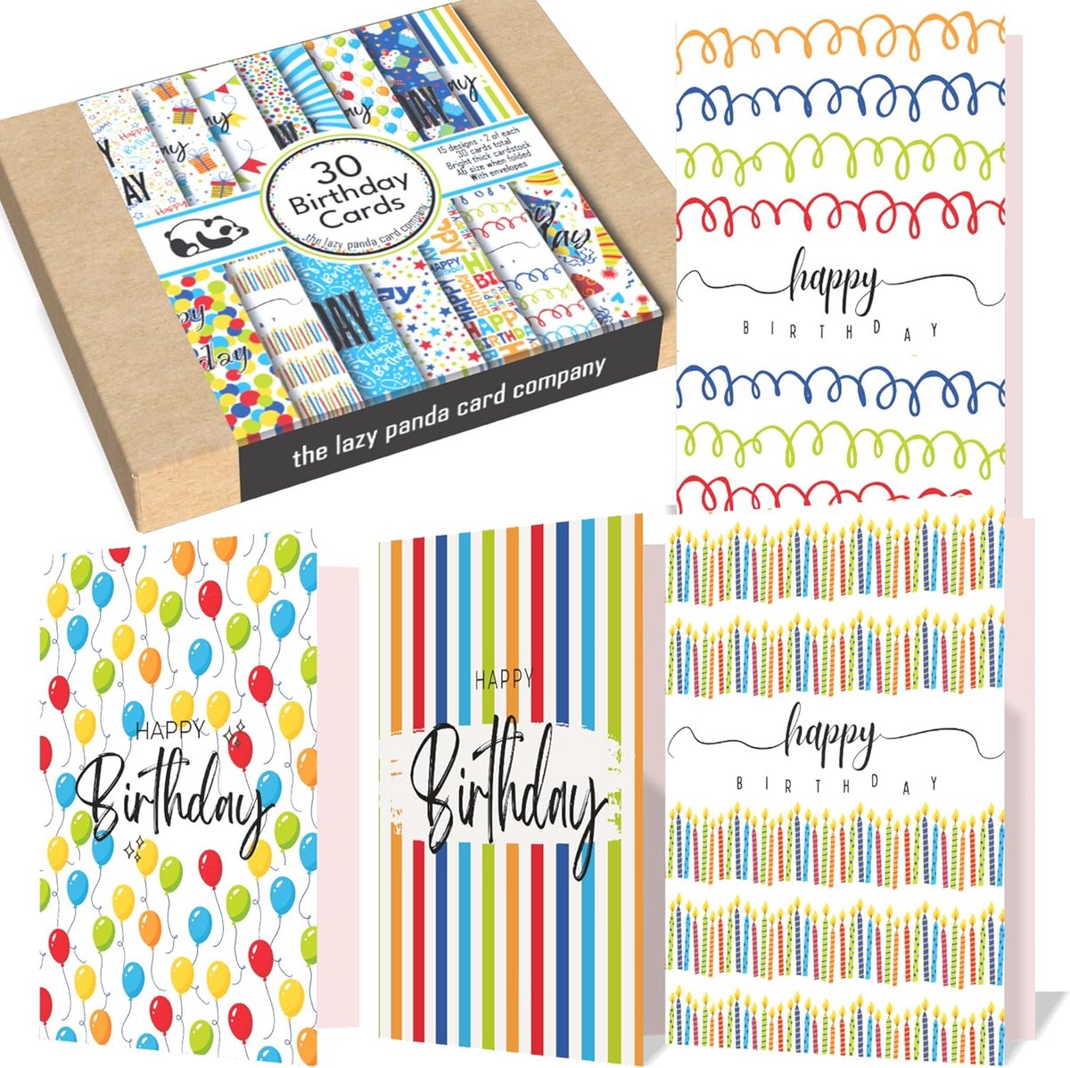 SnelShoppen - 30 Felgekleurde Verjaardagskaarten met Enveloppen van Gerecycled Papier - 15 Verschillende Ontwerpen voor Feesten en Verjaardagen - Perf