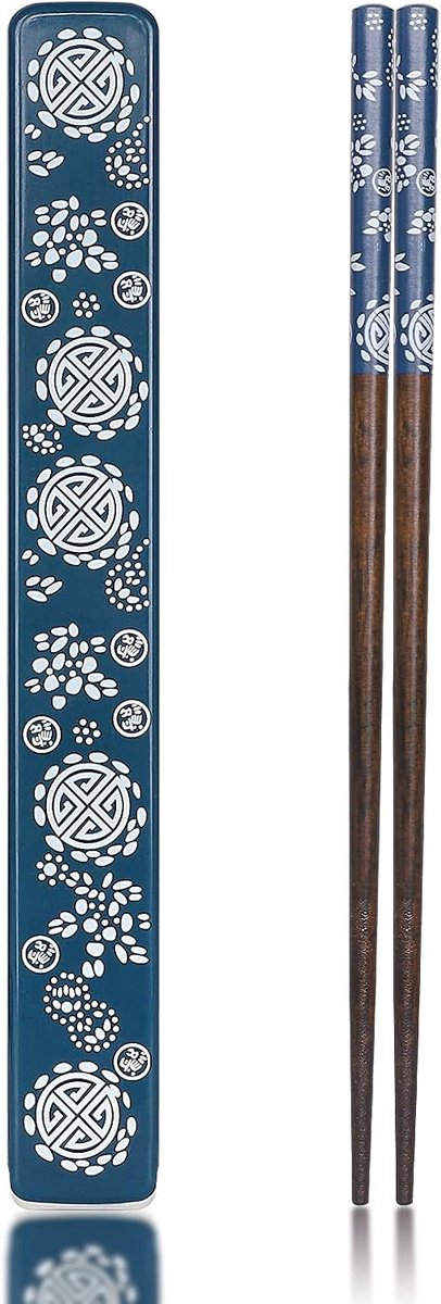 SnelShoppen - Herbruikbare Japanse Houten Eetstokjes 1 Paar met Opbergdoos, Blauw, Vaatwasserbestendig, Perfect voor Thuisgebruik en Cadeaus