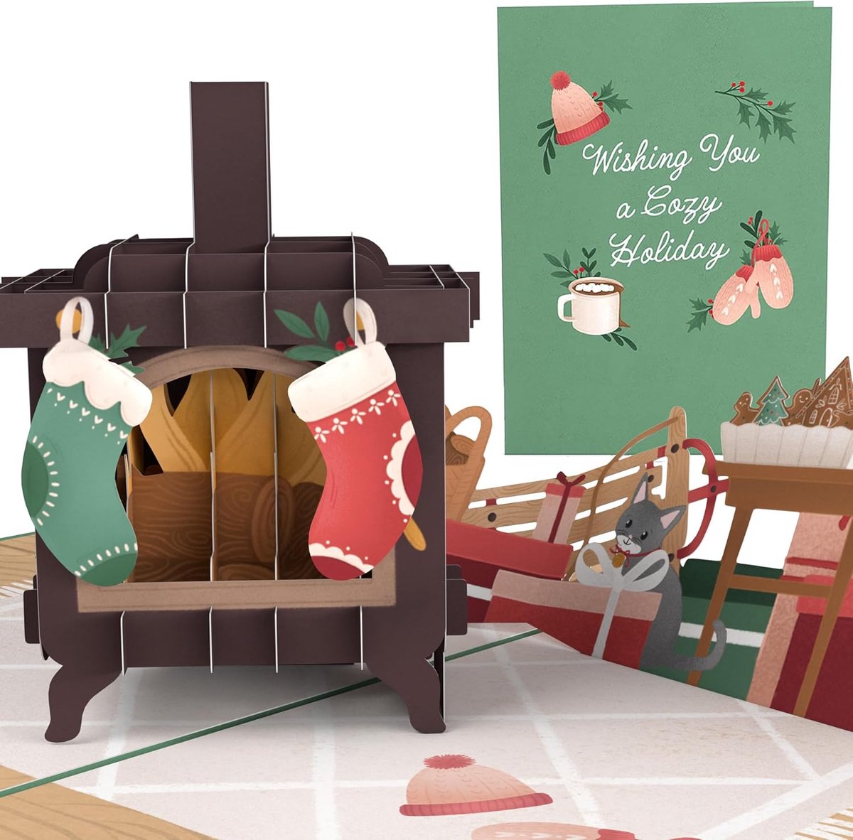 SnelShoppen - 3D Kerstkaart - Unieke Pop-Up Kaart met Haard en Cadeaus - Perfect voor Feestdagen - Inclusief Luxe Envelop en Notitiekaart