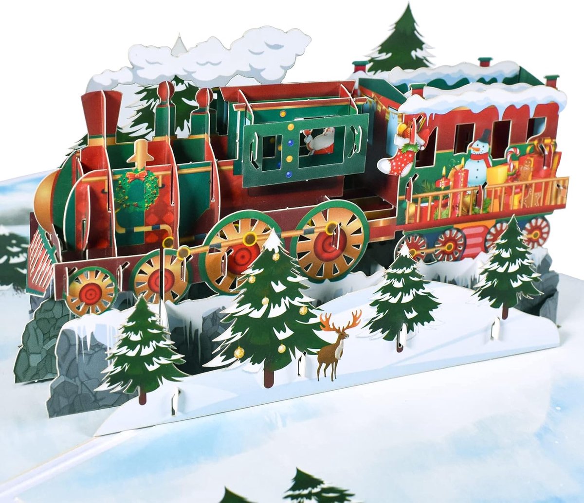SnelShoppen - 3D Pop Up Kerstkaart Trein, Grappige Kerstgroet Kaart met Kerstboom en Sneeuwman, Perfect voor Kinderen en Volwassenen, Inclusief Envelo