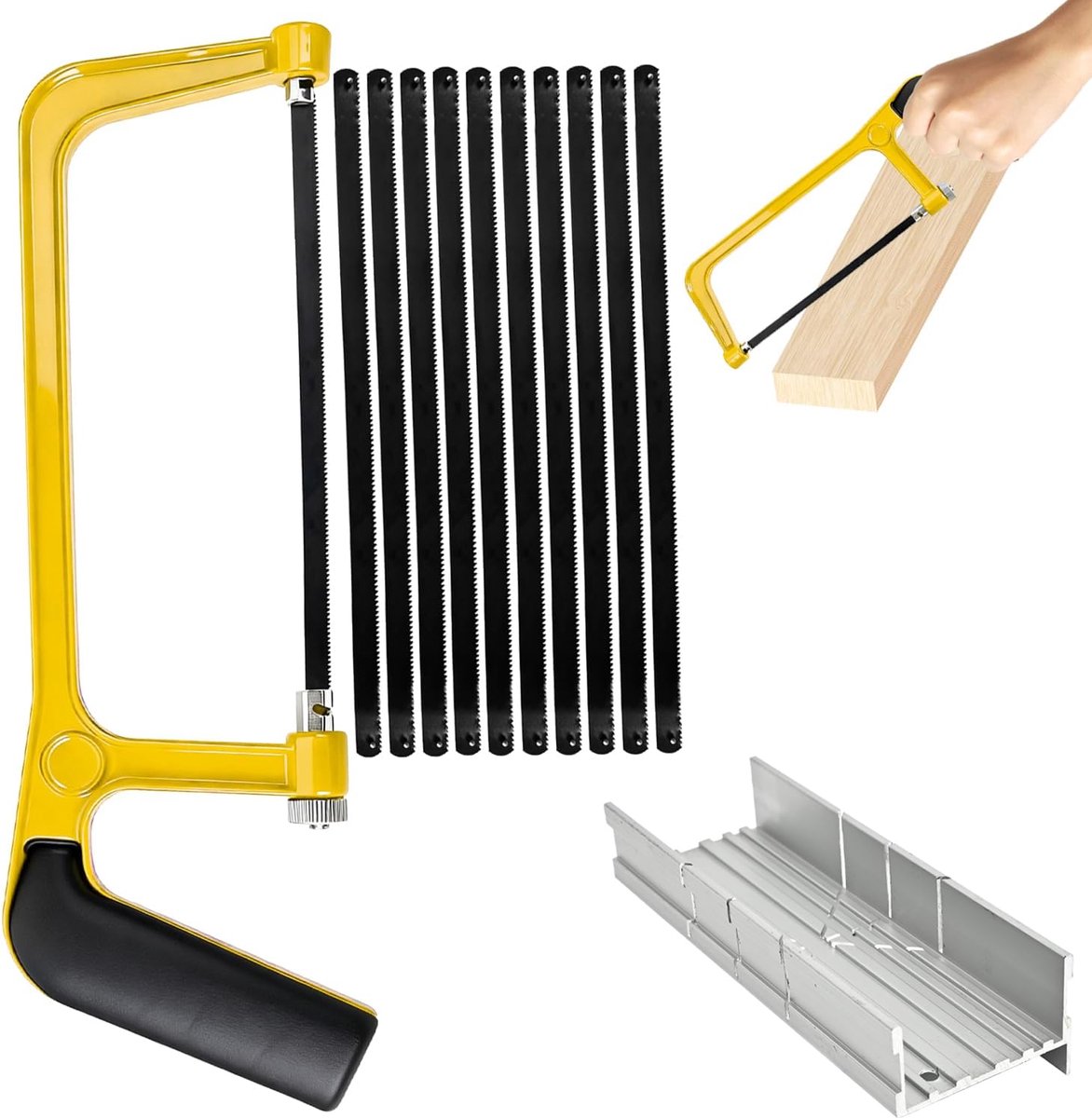 SnelShoppen - Verstelbare Hacksaw Beugel Set met Miter Box, 10 Bi-Metaal Zaagbladen, Handzaag voor PVC, Tegels, Reparatie en DIY, Handgereedschap voor